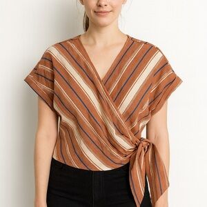 (B11) Lost + Wander Linen Blend Striped True Wrap Crop Top Oversized Sleeves, L